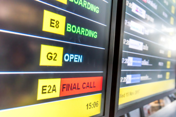 Departures board at the airport. Flight information electronically timetable. Flight schedule. Scoreboard flights, show boarding, Final call status.