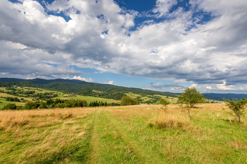 Picturesque rural landscape in summer day with amazing clouds on the sky. Pieniny mountains, Poland.