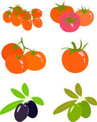 Collection of fresh red tomatoes, ripe black and green olives. Raster illustrations.