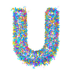 Festive alphabet from colorful confetti isolated on white background (Letter U). 