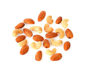 Almonds and cashews nut isolated on a white background.