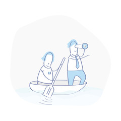 Business people floating to the shore, leader stands and looks into the distance, helps the team find the right way and reach the goal, business concept of leadership and teamwork