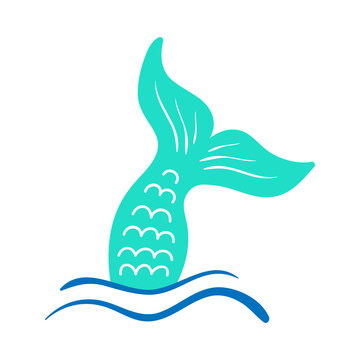 Mermaid tail vector graphic illustration. Hand drawn teal, turquoise mermaid, fish tail in sea, ocean waves.