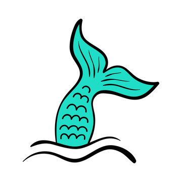 Mermaid tail vector graphic illustration. Hand drawn teal, turquoise mermaid, fish tail with black outline, in sea, ocean waves.