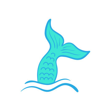Mermaid tail vector graphic illustration. Hand drawn teal, turquoise mermaid, fish tail in sea, ocean waves.