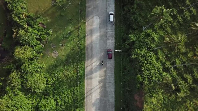 AERIAL SHOT: Straight road with motorcycle riding. Puro and Lamba, Legazpi City, Philippines. Views of cocount trees, Mayon Volcano and the sea