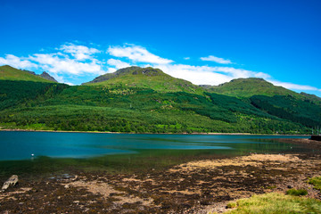 Loch Long on a sunny summer day. Arrochar village, Argyll and Bute, Scotland, UK.