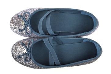 Shimmer silver blue ballerina flat shoes with crossed elastic drawstrings and soft cotton lining - on white background - bird-eye-view