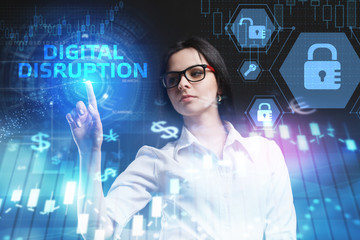 The concept of business, technology, the Internet and the network. A young entrepreneur working on a virtual screen of the future and sees the inscription: digital disruption