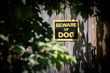 beware of dog warning sign on wooden fence
