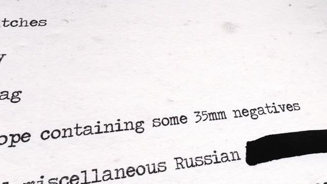 Browsing a redacted document made with a typewriter, top to bottom. Source: public domain list of Oswald items after Kennedy assassination, recreated from scratch with fake aging process.
