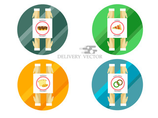 Food Delivery Service. Girl deliverer in a flat style. Vector. Logos or signs.