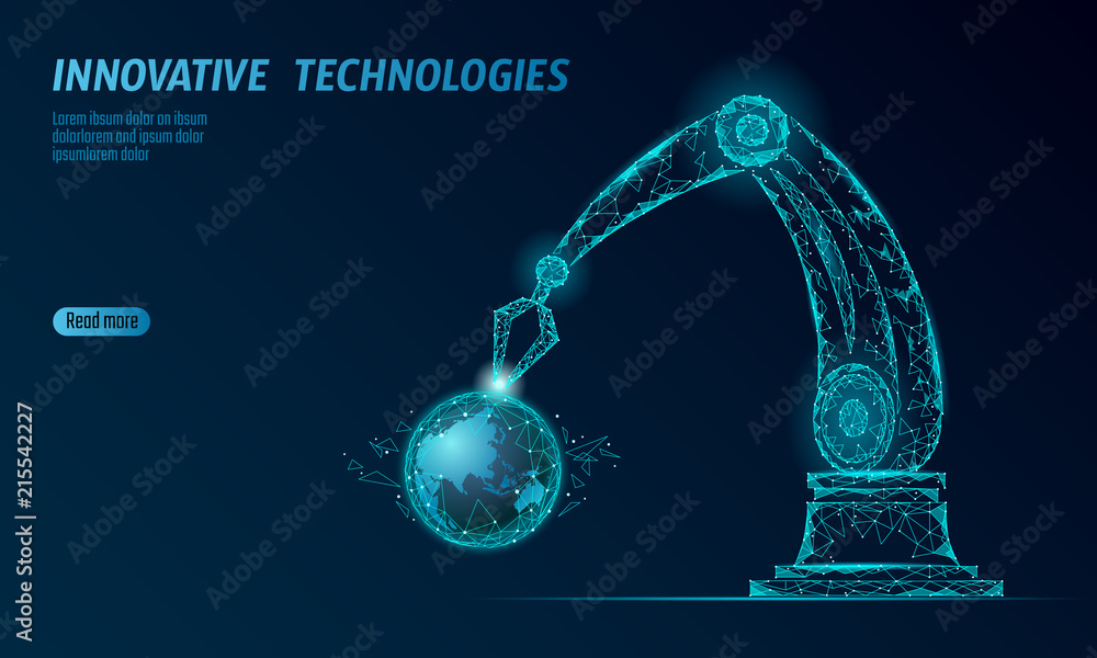 Poster robot arm low poly manipulator. earth ecology construct assembly triangle shape. polygonal connected