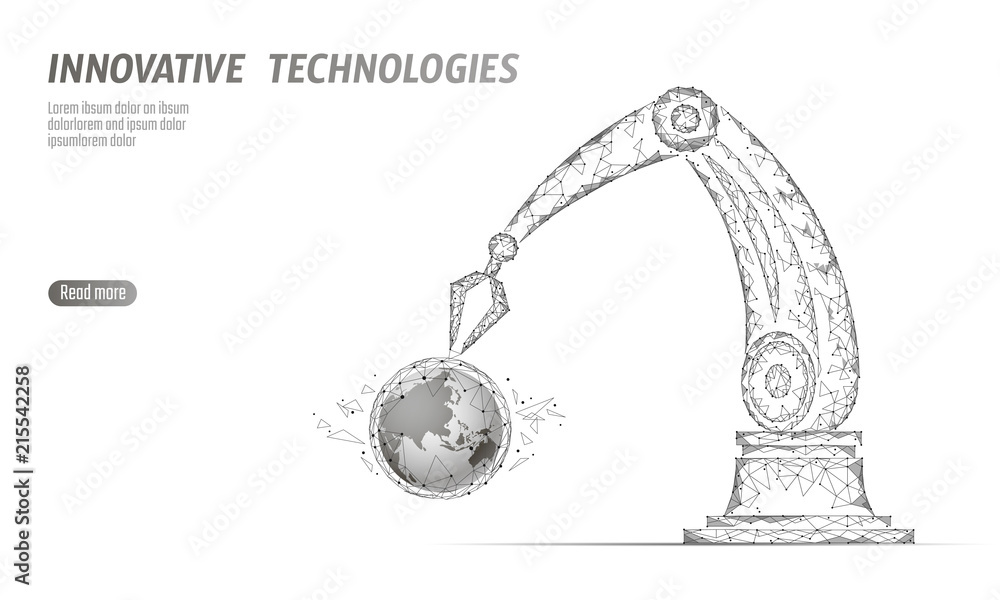 Poster robot arm low poly manipulator. earth ecology construct assembly triangle shape. polygonal connected
