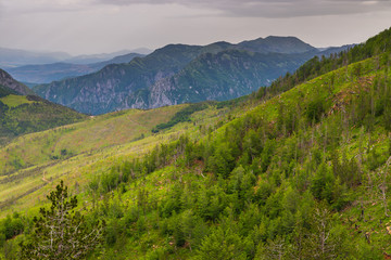 Scenic landscape view in Albanian mountain in cloudy day.