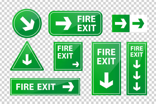 Vector set of realistic isolated fire exit signs for decoration and covering on the transparent background. Concept of fire danger and emergency.