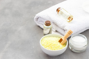 Spa accessories - sea salts, towel, oil and cream
