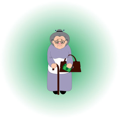 a nice elderly lady wearing spectacles and an apron stands with a bag and money in one hand and a cane in the other hand