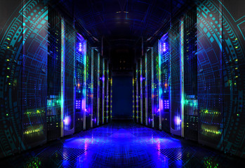 futuristic techno design on background of fantastic supercomputer data center