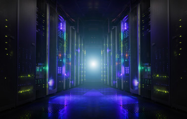 Dark server room data center storage interior