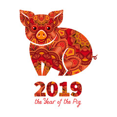 Pig is a symbol of the 2019 Chinese New Year. Decorative ornamented zodiac sign Pig on white background