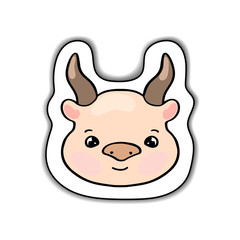 Cute cow animal face vector sticker with shadow on white background. Farm animal handdrawn icon.
