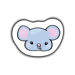 Cute mouse animal face vector sticker with shadow on white background. Friendly mouse with teeth.