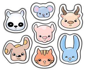 Cute animals stickers. Smiling animal vector clipart. Handdrawn domestic animals cat and dog isolated.