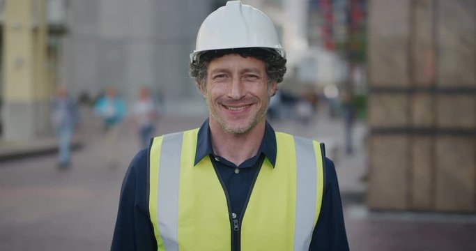 portrait mature successful engineer man smiling enjoying career in construction industry wearing safety helmet on urban city street slow motion professional foreman