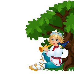 Boy in a traditional Russian costume playing the flute isolated on white background. Vector cartoon close-up illustration.