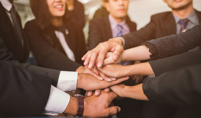 Business Team Stack Hands Support Teamwork Concept.