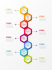 Template of infographic with colourful hexagonal icons. Vector.