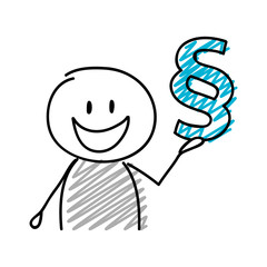Stickman with happy facial expression holiding paragraph (section mark) icon. Vector.