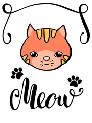 Cute cat and Meow lettering inscription. Handdrawn cat postcard. Red kitty face and paw marks.