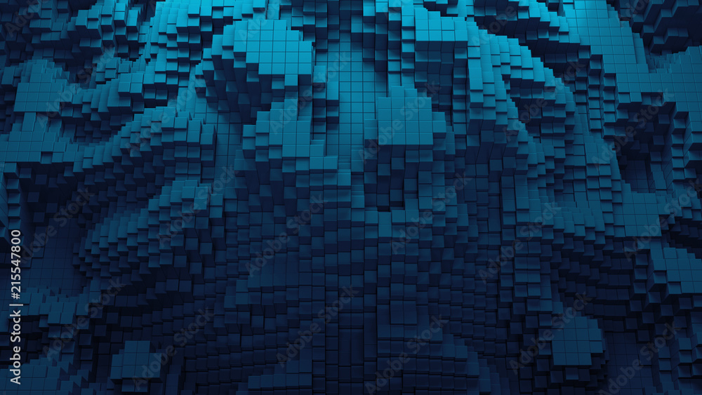 Poster 3d render abstract background with waves made of a lot of cube geometry primitive forms that goes up