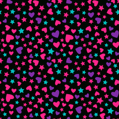 Vector Seamless pattern. Modern Bright design for kids girls. Abstract hearts and star on a black background.