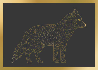 Outline vector golden wolf icon on a black background. Detailed animal illustration.