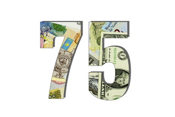 75 Number Different Worlds Banknotes. Background for business. Money concept. White isolated
