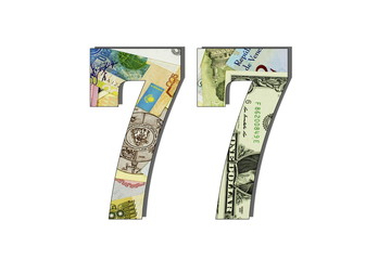 77 Number Different Worlds Banknotes. Background for business. Money concept. White isolated
