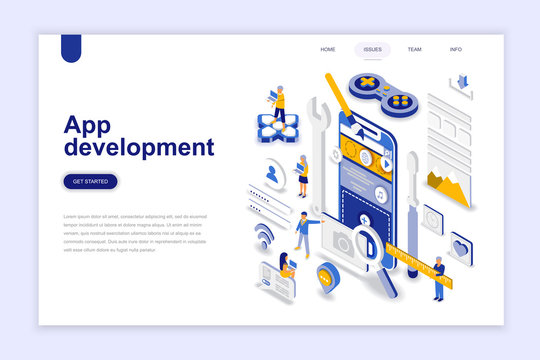 App development modern flat design isometric concept. Smartphone and people concept. Landing page template. Conceptual isometric vector illustration for web and graphic design.