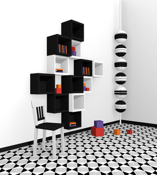 Modernes Wohnen: Regal aus Würfeln in schwarz weiß auf abstrakt gemusterten Boden.Seitenansicht, 3d render