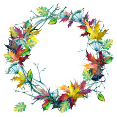 Obraz premium Wreath of branches and sticks, twigs, dry flower, Autumn maple leaves. Watercolor, isolated on white background.