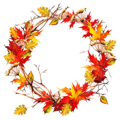 Wreath of branches and sticks, twigs, dry flower, Autumn maple leaves. Watercolor, isolated on white background.