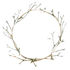 Wreath of branches and sticks, twigs. Watercolor, isolated on white background. - 215550461