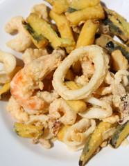 dish with squid rings and battered vegetables r in a Chinese res