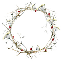 Wreath of branches and sticks, twigs, dry flower, berries. Watercolor, isolated on white background. - 215550490