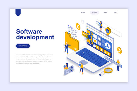 Software development modern flat design isometric concept. Developer and people concept. Landing page template. Conceptual isometric vector illustration for web and graphic design.