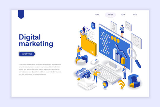 Digital marketing modern flat design isometric concept. Advertising and people concept. Landing page template. Conceptual isometric vector illustration for web and graphic design.