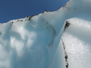 A blue sky background and a melting glacier.