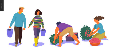 Harvesting people - set of vector flat hand drawn illustrations of people doing farming job - watering, gathering, planting, growing and transplant sprouts, self-sufficiency and harvesting concept